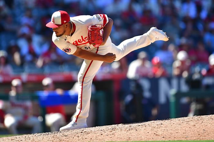 Aug 6, 2023; Anaheim, California, USA; Los Angeles Angels relief pitcher Jaime Barria (51) throws against the Seattle Mariners during the ninth inning at Angel Stadium. Mandatory Credit: Gary A. Vasquez-USA TODAY Sports